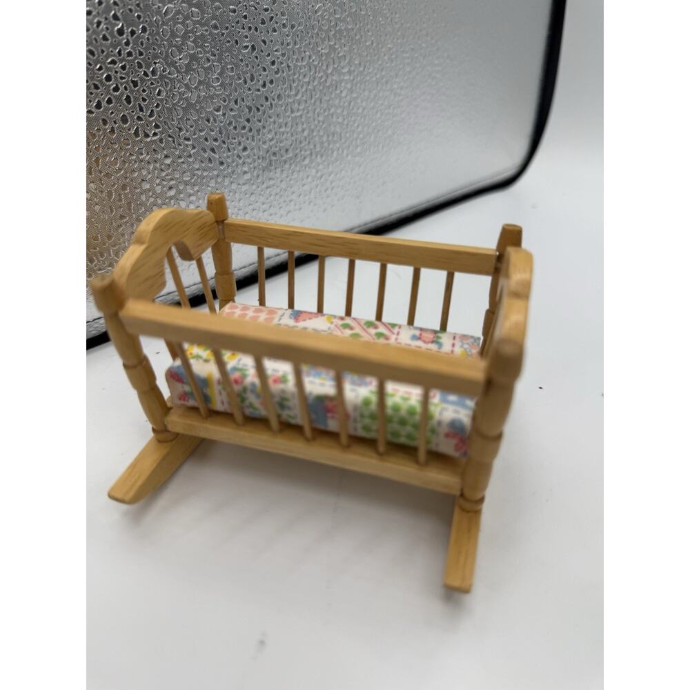 Vintage Dollhouse Miniature Wooden Baby Crib Rocking Bed With Mattress